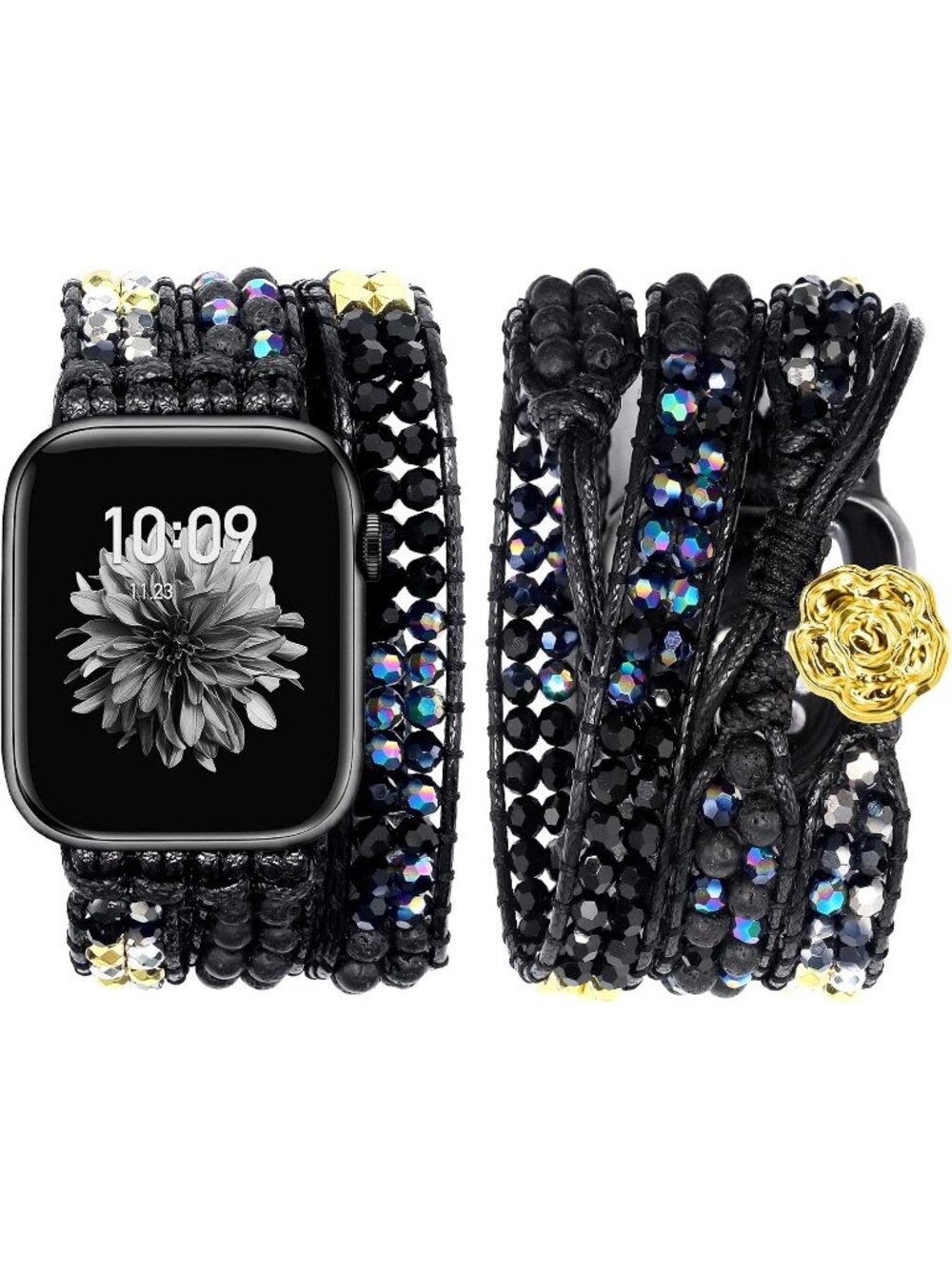 Women's Black Boho Beaded Band Compatible with Apple Stones Bracelet Watches